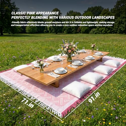 Pink 91×71 Boho Cotton Picnic Blanket, Woven Tassel Outdoor Grass Mat | Large Machine Washable Picnic Blankets for 5 to 7 Adults, Lightweight for Park Picnics, Camping and Backyard Gatherings - color: Pink, size: 91*71INCH