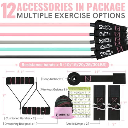 Aihoye Resistance Bands with Handles & Door Anchor for Strength Training - color: 10-100LB Set (12Pcs) Makaron