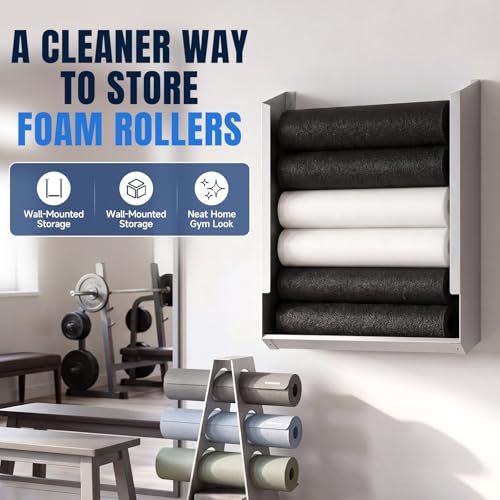 Zonon Wall Mounted Foam Roller Holder, Storage Rack Holds 4-6 Rollers Heavy Duty Meta Wall Organizer Home Gym, Gym, Workout Room