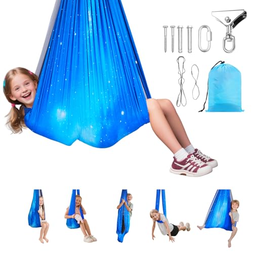 VEVOR Sensory Swing, Double-Layer Fabric Sensorys Hammock, Indoor & Outdoor Sensory Swing with 360° Swivel Hanger, O-Sling, Holds up to 300lbs, Adjustable Aerial Yoga, Hanging Swings for Kids - color: Mixed Blue, size: 55*59in