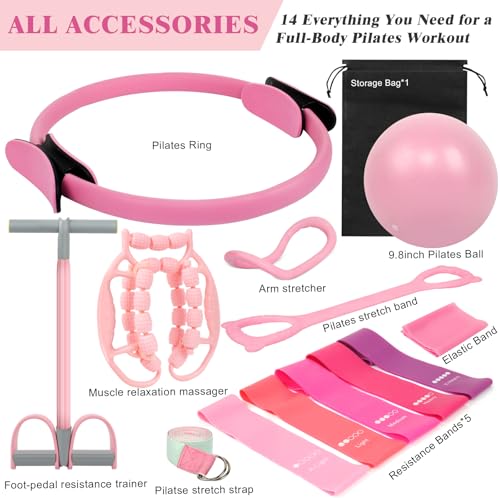 Home Pilates Essentials Kit for Women, Complete 13-in-1 Pilates Equipment Ring and Ball Set with 5 TPE Resistance Bands, Ankle Weights, 8-Shaped Pull Band, Stretch Strap and Waterproof Bag - size: 14PCS