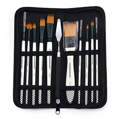 Transon Paint Brush Kit 10pcs Art Brushes and 1 Paint Spatula with Brush Case - color: White