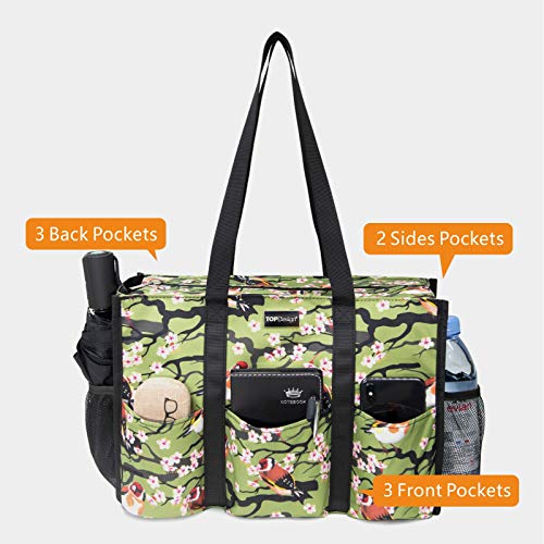 TOPDesign Utility Water Resistant Tote Bag with 13 Pockets, Zipper Closure - color: Bird, size: Medium