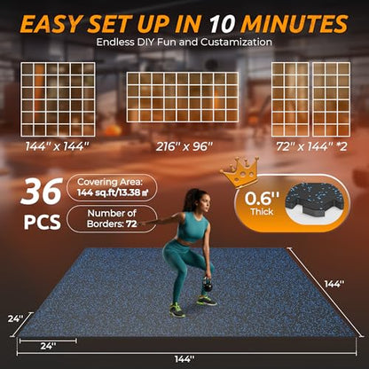 PRAISUN 0.6" Thicker Rubber Top 144 Sq Ft Gym Flooring for Home Gym | 36 Pcs Workout Mat, Exercise Mat, Interlocking Rubber Floor Mats with High Density EVA Foam for Garage, 24 x 24in, Black/Blue - size: 36 Tiles (144 Sq Ft)