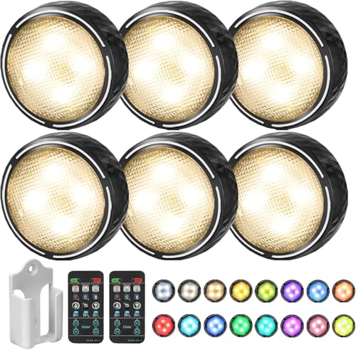 LED Puck Lights with Remote Battery Operated Under Cabinet Lighting Wireless Stick on Lights Color Changing Timer Tap Lights for Cabinets Shelves Closets Display Case - 6Pack Black | 3x1.2in, Wireless, Adhesive Stick on, Push Tap Lights for Cabinet, Kitch
