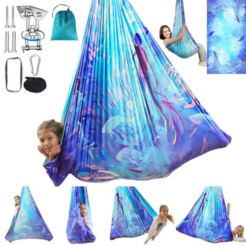 Sensory Swing for Kids Indoor & Outdoor Double Layer Therapy Cuddle Hammock Chair with 360 Swivel Hanger Kit Adjustable Swing for Child and Adult with Aspergers Autism ADHD (Cerulean) - color: Cerulean