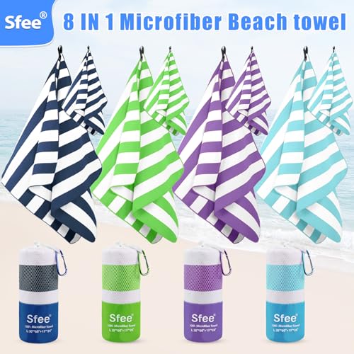 Sfee 4 Pack(8Pcs) Microfiber Travel Towel, Beach Towel Quick Dry Towel Camping Towel Super Absorbent Compact Lightweight Sports Gym Towels for Beach, Gym, Hiking, Pool, Backpacking, Bath, Yoga - color: Navy Blue+green+mint+purple, size: L 60"x30"+24"x15"