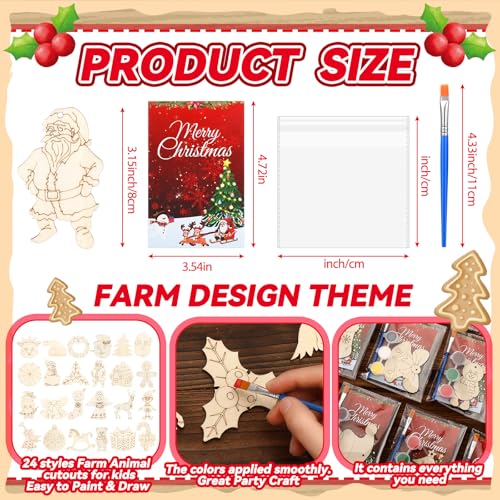 Saypacck 24 Pcs Christmas Party Favors Wooden Paint Craft Kits | DIY Painting Crafts with Brush Organza Bags, Christmas Stocking Stuffer Gifts, Festive Ornament Shapes - style: Christmas