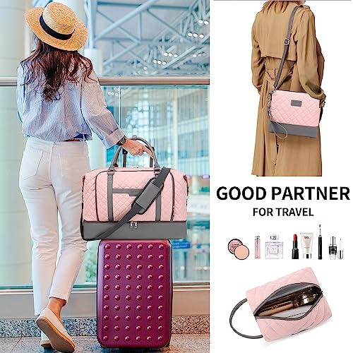 Weekender Bag, Large Travel Duffel Bag for Women, Carry on Overnight Bag with Shoe Compartment and Toiletry Bags - color: Pink-Grey