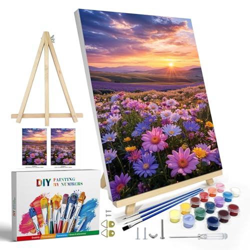 JOOZ Flowers Paint by Numbers Kit for Adults with Frame, Sunset Mountain Paint by Number with Easel, DIY Adult Paint by Number Kits on Canvas Landscape for Home Wall Decor 8 x 12 Inch - color: Flowers Sunset