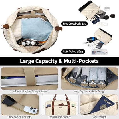 Weekender Bag, Large Travel Duffel Bag for Women, Carry on Overnight Bag with Shoe Compartment and Toiletry Bags - color: G-3PCS Beige Black Brown