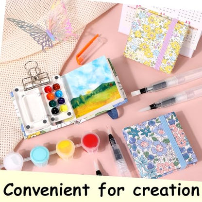 11 Pcs Mini Portable Watercolor Palette Set Travel Paint Palette Kit Pocket Watercolor Travel Set Clear Acrylic Grid Paint Box 3Pocket Watercolor Sketchbooks 6Artist Paint Brushes 1Binder Clip