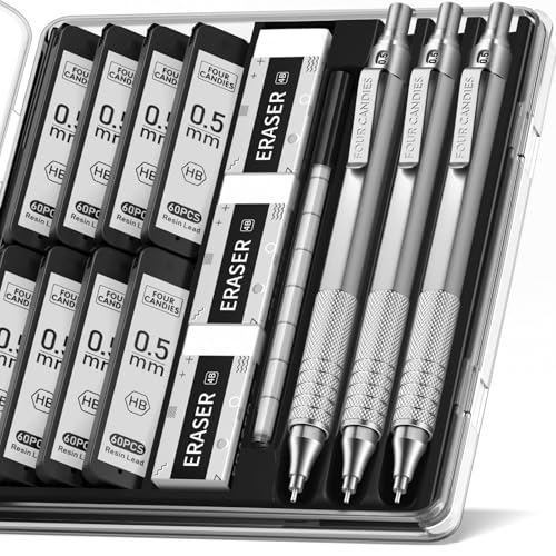 Four Candies Metal Mechanical Pencil Set with Case, 0.5mm, 3PCS, Silver | 480PCS HB Lead Refills, 3 Erasers+9 Eraser Refills, Anti Grip, for Drafting, Engineering, Technical Drawing, Art Projects - color: Silver, style: 0.5 MM