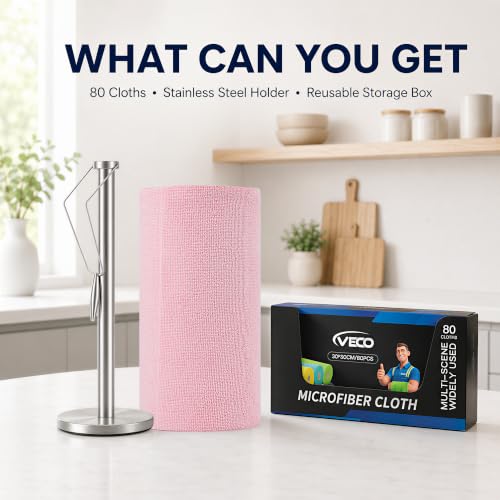 Veco Microfiber Cleaning Cloth Roll with Holder 80 PCS, 12" x 12" Pink | Tear Away Reusable Towels, Lint-Free & Streak-Free Cleaning Cloths, Paper Towel Alternative for Kitchen, Home & Car - color: Pink-st