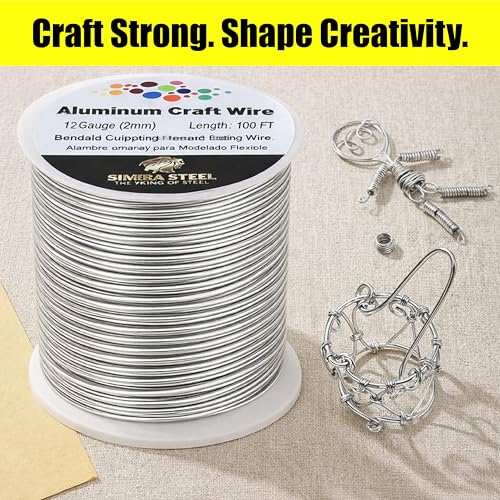 12 Gauge Aluminum Wire 100 Ft (Silver, 2mm), Metal Armature Wire for Sculpting, Aluminum Craft Material, Jewelry Making, Bendable for Crafts, Beading & Floral Design by Simba Steel - style: 12 Gauge x 100 FT