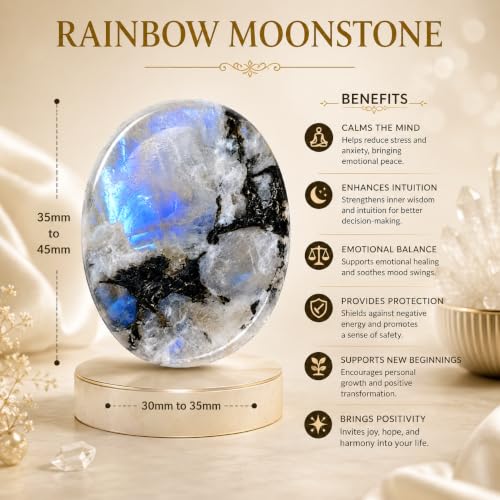 Natural Polished Thumb Palm Crystal for Meditation, Rainbow Moonstone Worry Stone for Stress Relief, Anxiety Support & Pocket Reiki Healing - color: Rainbow Moonstone Ws