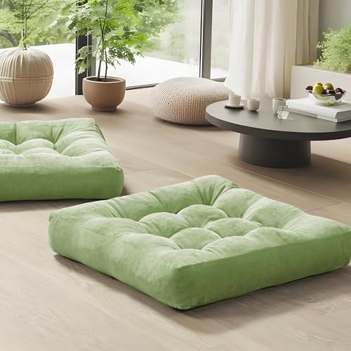 Floor Pillows Set of 2, Large Meditation Cushion for Adults, 22 Inch Square | Reading nook & office use, Tatami seating, Corduroy cover, 3.5 in thick, Shredded memory foam fill, Green yoga pad - color: Square | Green | 2 Pack, size: 2 Pack