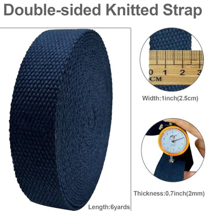 Heavy‑Duty Cotton Webbing Strap 1''x6yds Navy Blue for Bags | 2mm thick webbing for dog collars, backpack, bag handles, apron straps, slings, sewing repairs & DIY craft projects. - color: Navy
