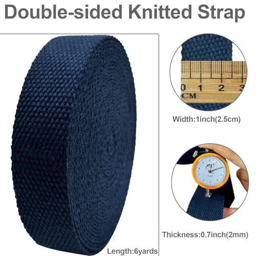 Heavy‑Duty Cotton Webbing Strap 1''x6yds Navy Blue for Bags | 2mm thick webbing for dog collars, backpack, bag handles, apron straps, slings, sewing repairs & DIY craft projects. - color: Navy