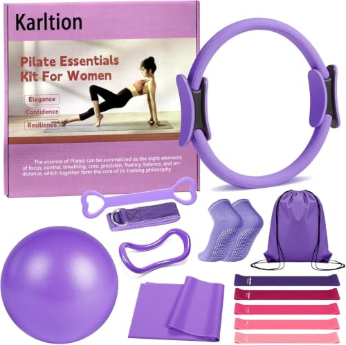 Pilates Ring 13 Piece Set,Pilates Kit for Women Exercise Equipment Accessories Deformation Magic Circle with Padded Handles, Workouts Ball, Guide & Bag, Resistance Bands for Legs Arms and Thighs - color: Purple