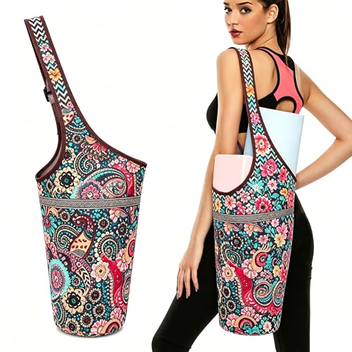 SportsYoga Mat Bag,Large Opening Yoga Mat Carrier for Quick Access,with Large Size Pocket and Zipper Pocket,Thick Mats for Workout,Gym, Pilates - color: Green Paisley