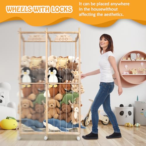 Stuffed Animal Storage Zoo with Wheels, 64" Wooden Large - color: Wooden