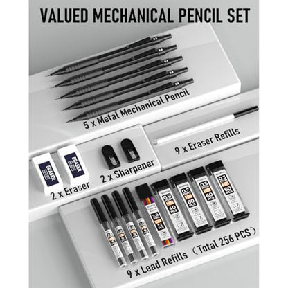 Nicpro Black Art 5PCS Mechanical Pencil Set, Metal Drawing With Lead Eraser | Pencils 0.3, 0.5, 0.7, 0.9 mm & 2mm Graphite Holder For Sketching Drafting With 9 Tubes (4B 2B HB 2H Colors) Refills Case - color: Black, style: 0.3 0.5 0.7 2.0