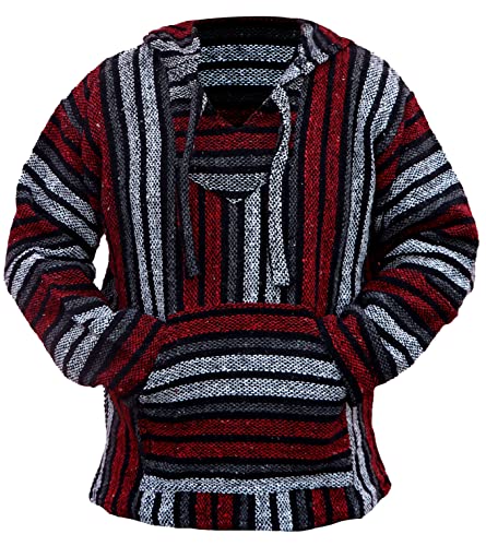 Del Mex Mexican Baja Hoodie Hippie Surf Poncho Sweater Sweatshirt Pullover Jerga - color: Red, size: Small