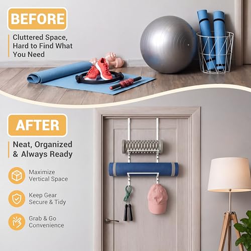 Zonon Over-the-Door Yoga Mat Holder Rack – 3 Tier Space‑Saving Mat & Foam Roller Organizer Iron Yoga-mat Organizer Rack Home Gym Storage with Metal Hooks for Foam Rollers & Home Gym Fitness