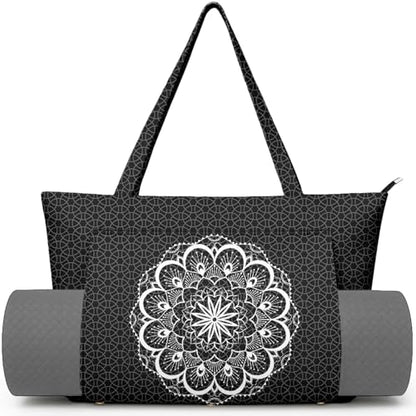 Yoga Bag for Women, Large Canvas Yoga Mat Tote Bag with Yoga Mat Carrier | Large Mat Pocket Fitness Tote for Pilates, Gym, Travel, Office & Beach - color: Black Mandala