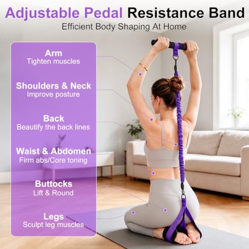 Pedal Resistance Band with Handle, 3 Tube Adjustable Resistance Bands for Arm,Waist, Abdomen,Core,Legs- Sit Up Exercise Equipment for Women - color: Purple