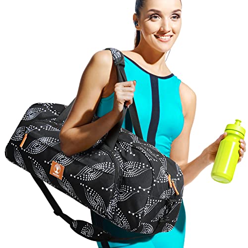 Yoga Mat Bag Carrier with 8-Pocket & Wet Pocket, Air Vent | Large Yoga Mat Holder Fits Thick Mats & Blocks | Gym Duffle Bag for Women & Men - color: White Leave on Black
