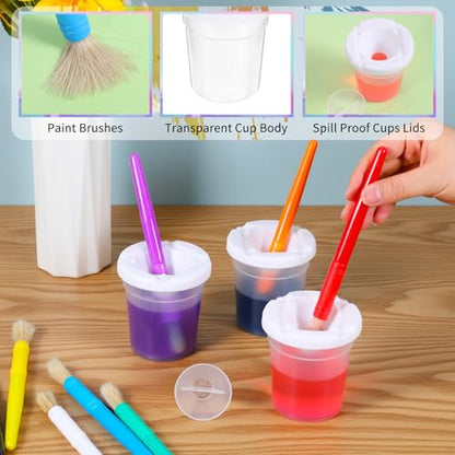 KongTiva 24 Pcs No Spill Paint Cups with Lids, Reusable Spill Proof Paint Water Cup Plastic Paint Containers with 24 Paints Brushes for Painting School Classrooms Arts Crafts Supplies