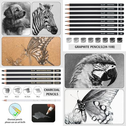 Brusarth Charcoal Pencils for Drawing, Graphite Pencils (10B-2H), 26 Pcs | Drawing Sketching Pencil Set for Sketching, Shading, Blending, Artist Pencils for Beginners & Pro Artists