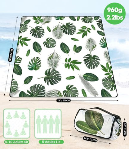 DEWUR Picnic Blankets 79"x79" Extra Large Outdoor Blanket Beach Blanket Waterproof SandProof Picnic Mat Washable Foldable Portable for Grass Lawn Beach Camping (Green Leaves) - color: Green Leaves