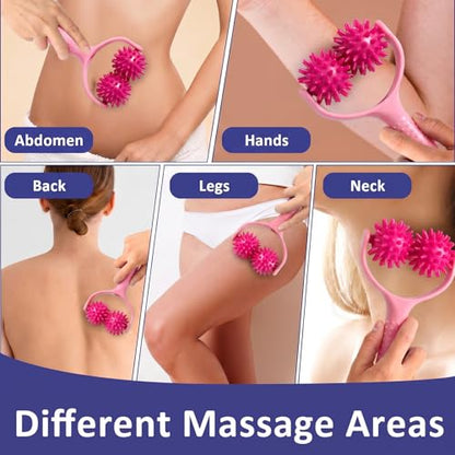 Handheld Spiky Massage Balls Rollers, 2 Wheel Spiky Silicone Manual Massage Roller with Ergonomic Handle, Portable Pressure Point Muscle Massages Tool for Foot Arm Body Neck Leg Pain Pressure Relief - color: Pink