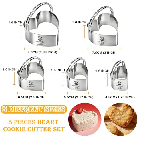 Heart Cookie Cutters, 5 Piece Biscuit Cutters with Handle | Professional Stainless Steel Baking Essential Tools for Valentine's Day, Sandwiches and Heart-Shaped Cookies - size: 5 Sizes Heart Cutters With Handle