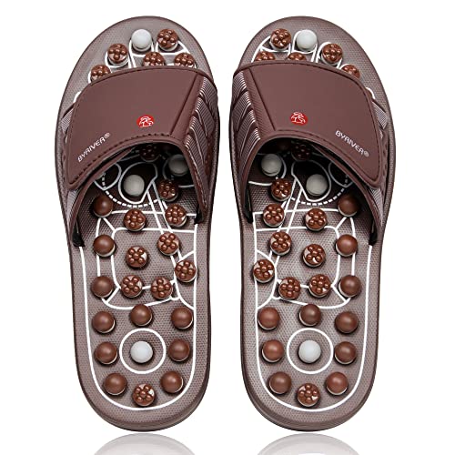 BYRIVER Acupressure Foot Massage Mat, Reflexology Tools, Spiky Ball Roller Therapy Sandals Shoes Slippers, Relief Muscle Fatigue, Sciatica, Heel, Lower Back Pain (03L) - color: Brown Spring Slippers, size: L-Men(9.5-10.5)