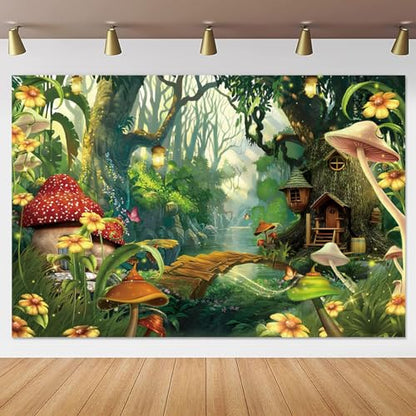 Yeele 7x5ft Enchanted Forest Photo Backdrop Spring Mushroom Wonderland Fairy House Photography Background Girl Room Wall Decorations Birthday Baby Shower Banner Photo Props - size: 7x5ft