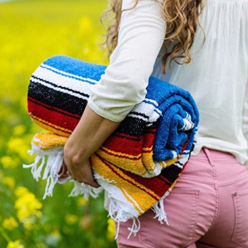 Open Road Goods Mexican Diamond Blanket - XL Heavyweight Yoga Blanket – Handmade in Mexico - Thick Boho Serape Saltillo Style Throw for Beach, Picnic, Home, Camping and More! (Sky Blue Sunset) - color: Sky Blue Sunset