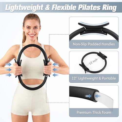 GINMIC Pilates Kit, Pilates Equipment for Home Workouts, at Home Pilates Set with Complete Accessories: Pilates Ring, Pilates Ball, Long and Loop Resistance Bands, Socks, Massage Ball, Guide & Bag - color: Black & Gray