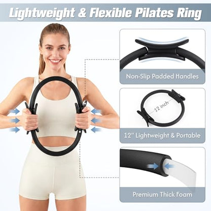 GINMIC Pilates Kit, Pilates Equipment for Home Workouts, at Home Pilates Set with Complete Accessories: Pilates Ring, Pilates Ball, Long and Loop Resistance Bands, Socks, Massage Ball, Guide & Bag - color: Black & Gray
