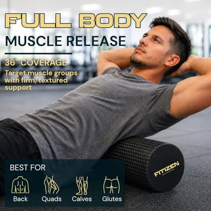 Foam Roller for Muscle Massage, Stiff Back Pain Relief, Physical Therapy, Deep Tissue, Exercise Equipment for Home Gym, Stress, Yoga, Pilates for the Fit Citizen (Black, XL 36 x 6 inches) - size: Extra Large 36 x 6 Inch