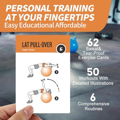 Stability Ball Workout Cards, 62 Exercises Cards Deck Large Size 5" x 3.5" Fitness Cards for Women & Men, Beginner Fitness Guide to Training Exercises at Home or Gym - style: Stability Ball