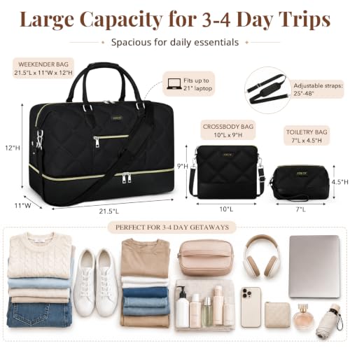 ITIEZY Weekender Bag for Women 21.5" Travel Duffel Large Carry On Bag 3PCS | Nylon Duffel Bag with Waterproof Shoe Compartment, Crossbody Bag and Toiletry Bag, Travel Weekend Hospital Overnight Gym Bag - color: 8c-Black
