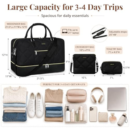 ITIEZY Weekender Bag for Women 21.5" Travel Duffel Large Carry On Bag 3PCS | Nylon Duffel Bag with Waterproof Shoe Compartment, Crossbody Bag and Toiletry Bag, Travel Weekend Hospital Overnight Gym Bag - color: 8c-Black