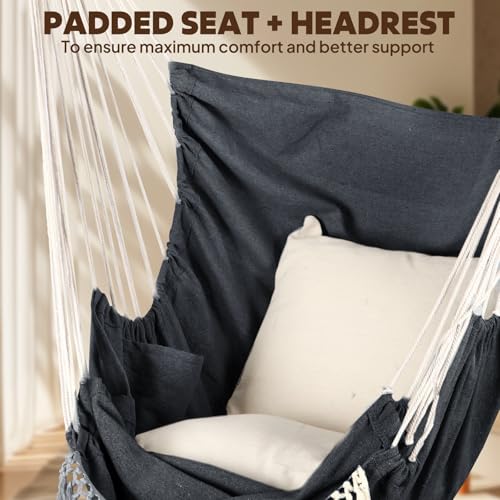 Chihee Hammock Chair Foot Rest 2 Cushions Max 485 lbs Metal Spreader Bar | Robust Hanging Chair Soft Cotton Blended Swing Collapsible Easy Storage Strong Strap Iron Carabiner Pocket Indoor Outdoor - color: Dark Grey