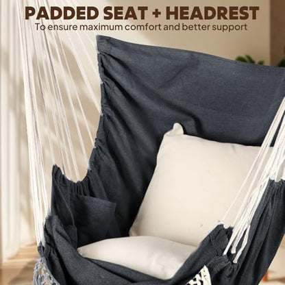 Chihee Hammock Chair Foot Rest 2 Cushions Max 485 lbs Metal Spreader Bar | Robust Hanging Chair Soft Cotton Blended Swing Collapsible Easy Storage Strong Strap Iron Carabiner Pocket Indoor Outdoor - color: Dark Grey