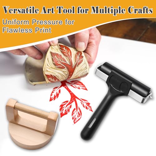 Coitak 1+1 Pcs Wooden Block Printing Baren with Rubber Brayer Roller | Block Printing Press Kit, For Crafting, Inking, Stamping, Linocut