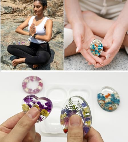 4-Design Worry Stone Mold w/DriedFlowers Resin Yoga StressRelief | 4-design thumb worry stone mold with dried flowers – epoxy resin casting, yoga meditation, stress relief & DIY crafts.